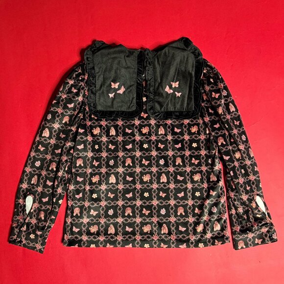 Harajuku Gothic Lolita Velvet Blouse with Playful Print and Collar, Size M - Picture 6 of 11